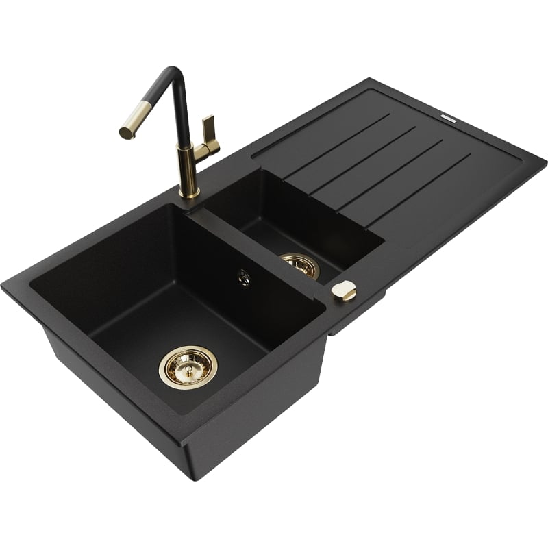 Mexen Andres 1.5-bowl granite sink with drainer and Flora kitchen faucet, black - 6515-77-670401-57-G