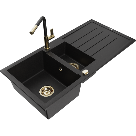 Mexen Andres granite sink 1.5-bowl with drainer and Flora kitchen tap, black - 6515-77-670401-57-G