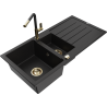 Mexen Andres 1.5-bowl granite sink with drainer and Flora kitchen faucet, black - 6515-77-670401-57-G