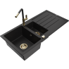 Mexen Andres 1.5-compartment granite sink with a drip tray and kitchen mixer tap Flora, Black - 6515-77-670401-57-G
