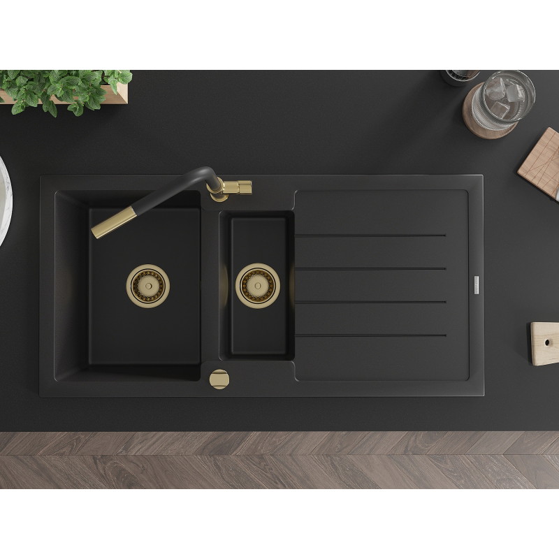 Mexen Andres 1.5-bowl granite sink with drainer and Flora kitchen faucet, black - 6515-77-670401-57-G