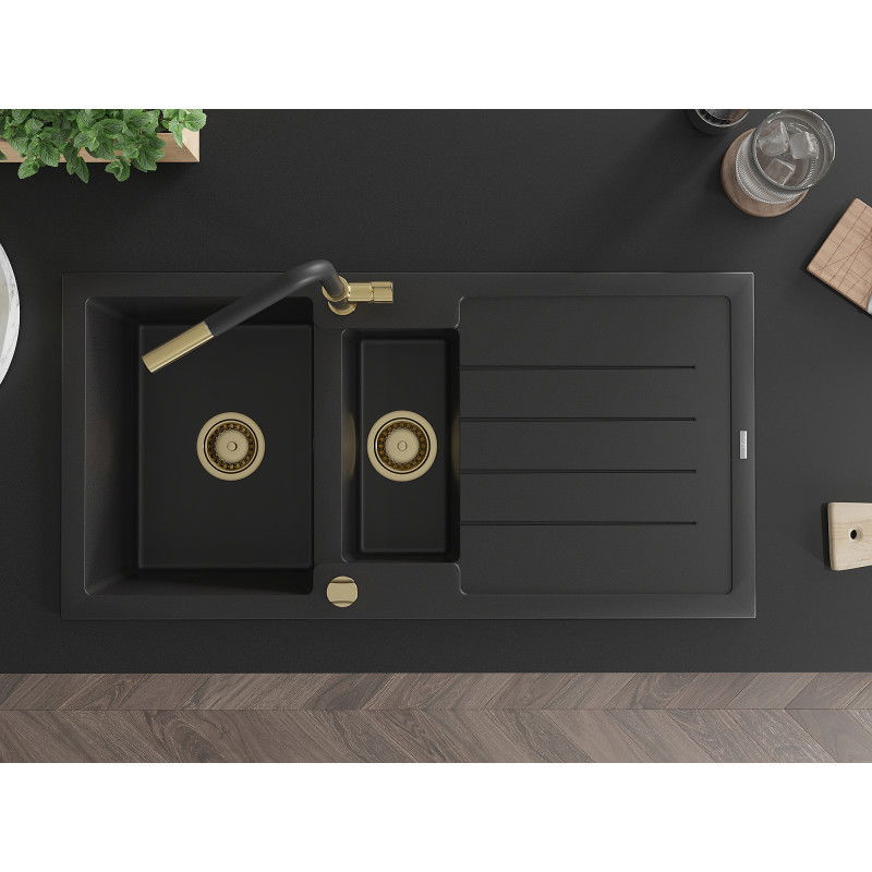 Mexen Andres granite sink 1.5-bowl with drainer and Flora kitchen tap, black - 6515-77-670401-57-G