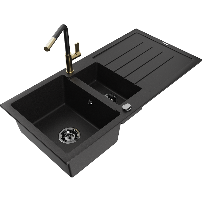 Mexen Andres 1.5-compartment granite sink with a drip tray and kitchen mixer tap Flora, Black - 6515-77-670401-57-B