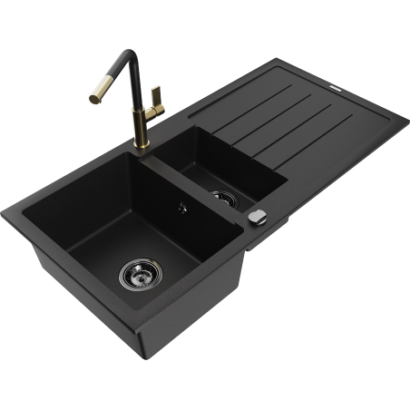 Mexen Andres granite sink 1.5-bowl with drainer and Flora kitchen faucet, black - 6515-77-670401-57-B