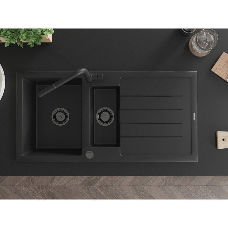 Mexen Andres granite sink 1.5-bowl with drainer and Flora kitchen tap, black - 6515-77-670401-70-B