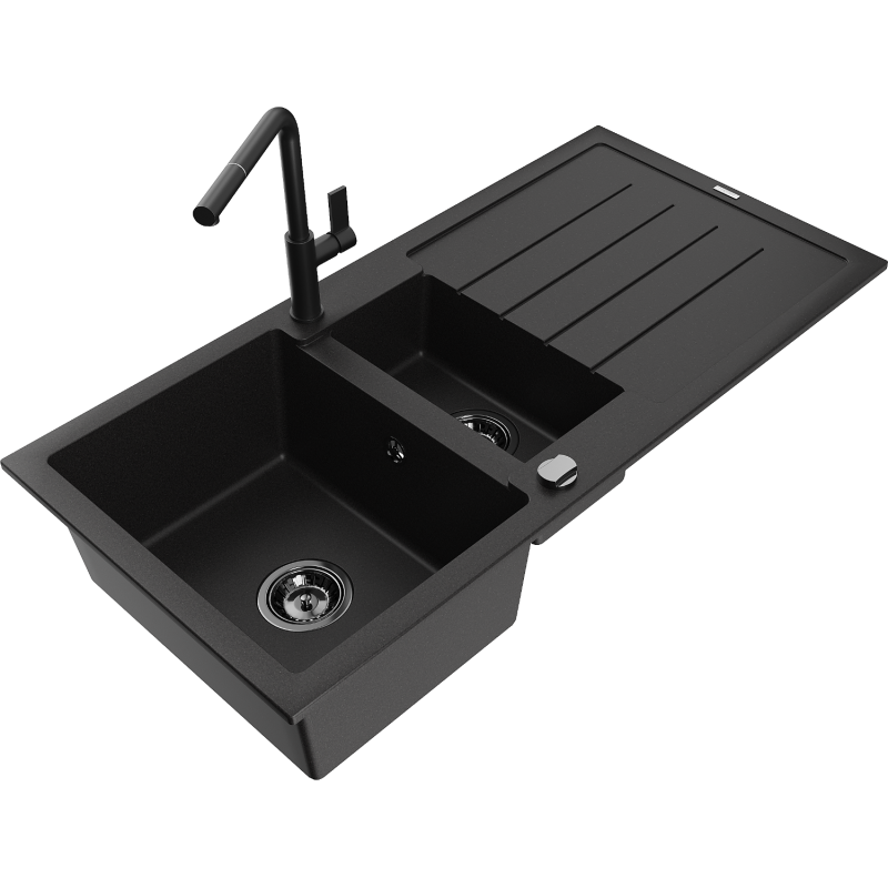 Mexen Andres 1.5-compartment granite sink with a drip tray and kitchen mixer tap Flora, Black - 6515-77-670401-70-B