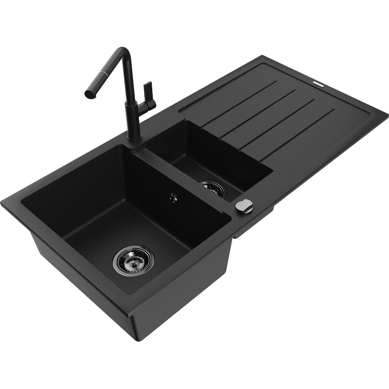 Mexen Andres granite sink 1.5-bowl with drainer and Flora kitchen faucet, black - 6515-77-670401-70-B
