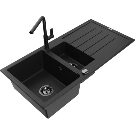 Mexen Andres granite sink 1.5-bowl with drainer and Flora kitchen tap, black - 6515-77-670401-70-B