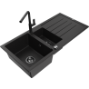 Mexen Andres 1.5-compartment granite sink with a drip tray and kitchen mixer tap Flora, Black - 6515-77-670401-70-B