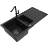 Mexen Andres granite sink 1.5-bowl with drainer and Flora kitchen faucet, black - 6515-77-670401-70-B