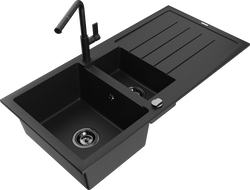 Mexen Andres granite sink 1.5-bowl with drainer and Flora kitchen faucet, black - 6515-77-670401-70-B