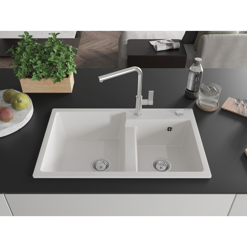 Mexen Tomas granite double-basin sink with Flora kitchen faucet, white - 6516-20-670401-00