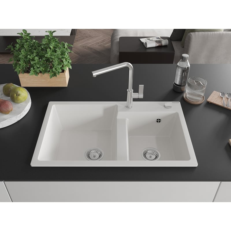Mexen Tomas granite double-bowl kitchen sink with Flora faucet, white - 6516-20-670401-00