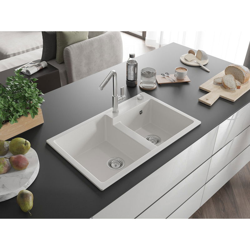 Mexen Tomas granite sink 2-chamber with Flora kitchen tap, white - 6516-20-670401-00