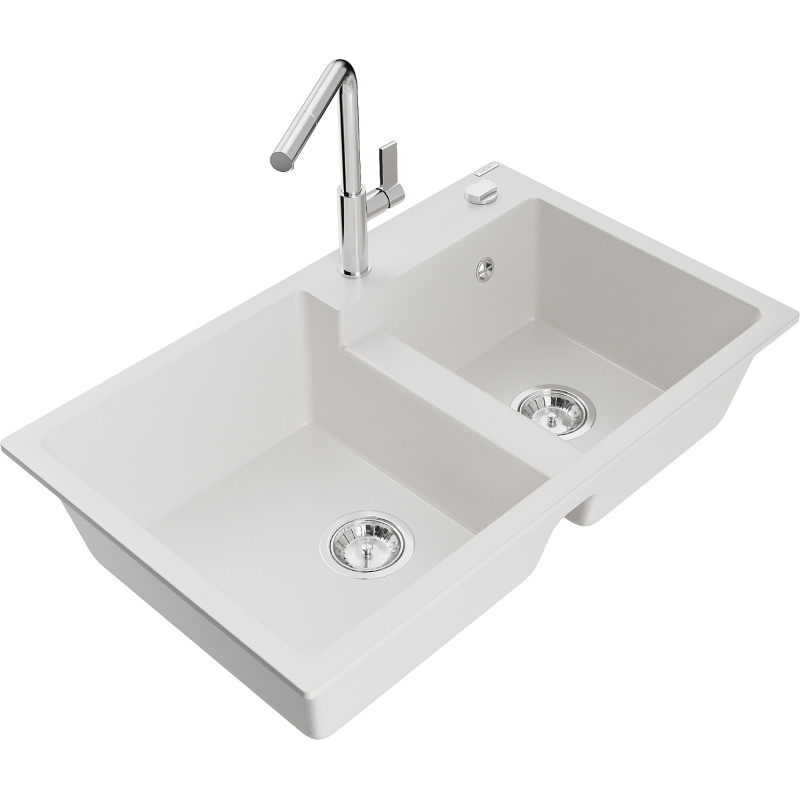 Mexen Tomas granite double-basin sink with Flora kitchen faucet, white - 6516-20-670401-00