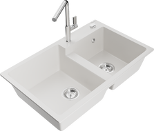Mexen Tomas 2-compartment granite sink with a kitchen mixer tap Flora, White - 6516-20-670401-00