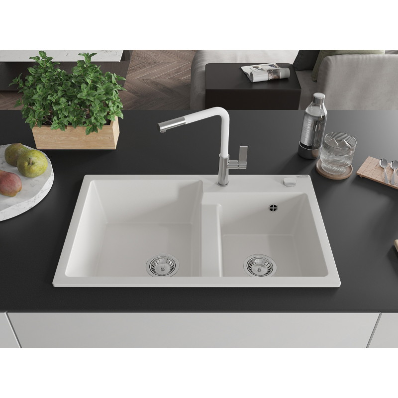 Mexen Tomas 2-bowl granite kitchen sink with Flora kitchen faucet, white - 6516-20-670401-02