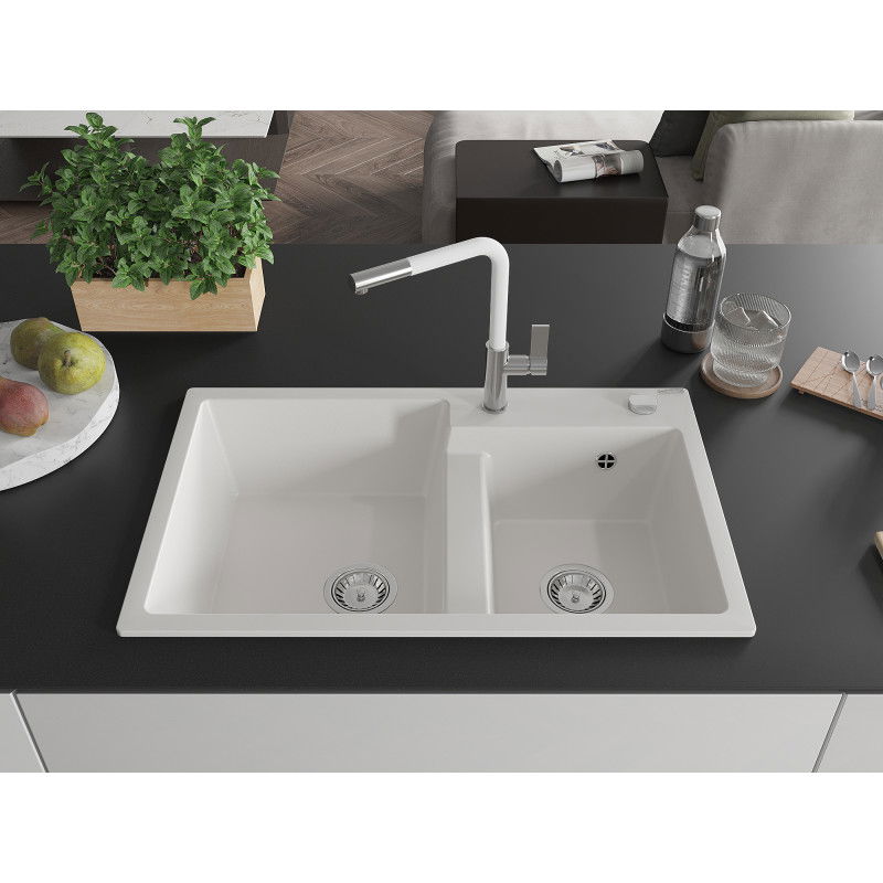 Mexen Tomas granite sink with 2 bowls and Flora kitchen tap, white - 6516-20-670401-02