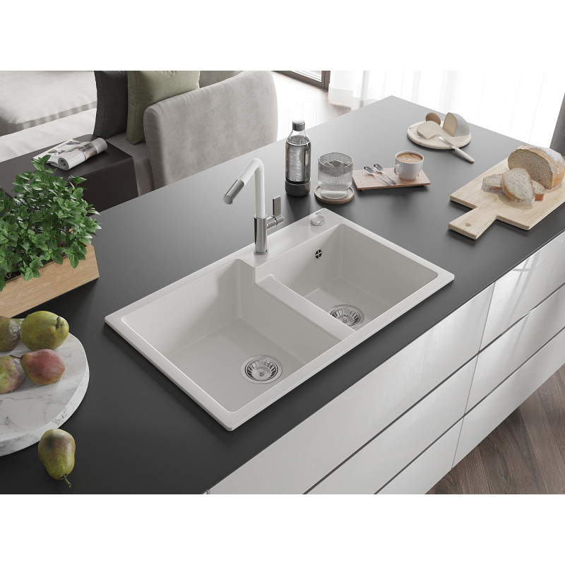 Mexen Tomas 2-bowl granite kitchen sink with Flora kitchen faucet, white - 6516-20-670401-02