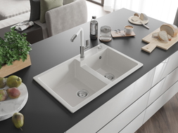 Mexen Tomas 2-bowl granite kitchen sink with Flora kitchen faucet, white - 6516-20-670401-02