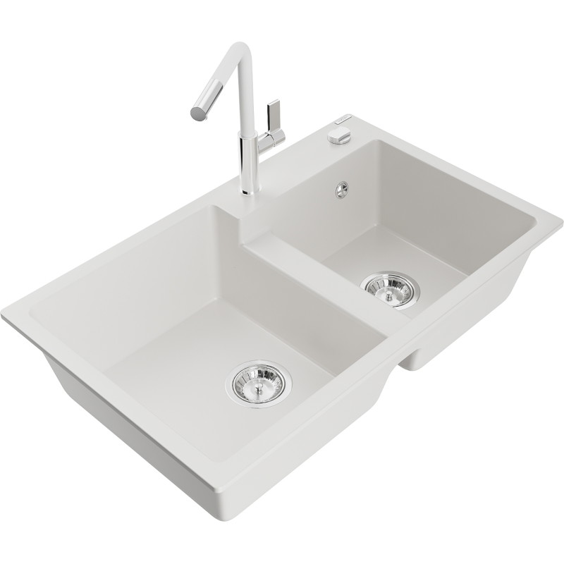 Mexen Tomas 2-bowl granite kitchen sink with Flora kitchen faucet, white - 6516-20-670401-02