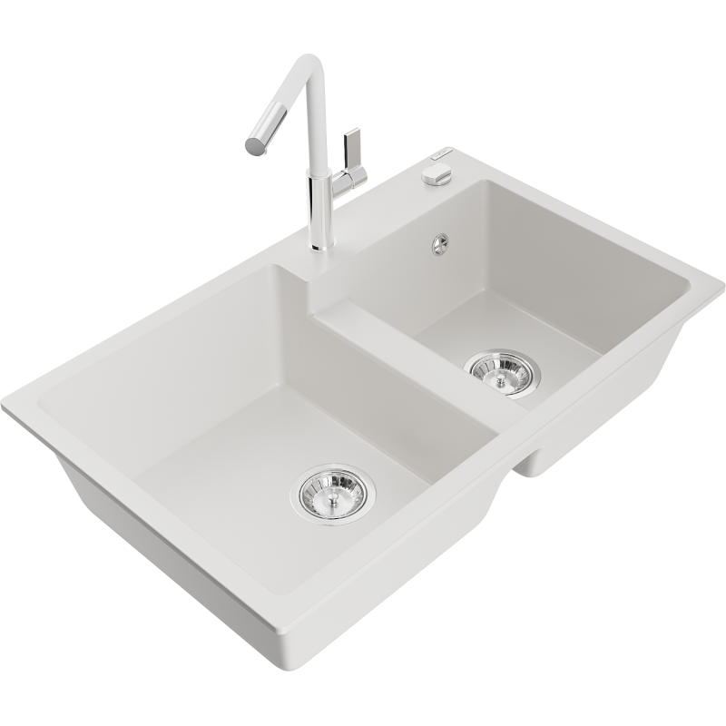 Mexen Tomas granite sink with 2 bowls and Flora kitchen tap, white - 6516-20-670401-02