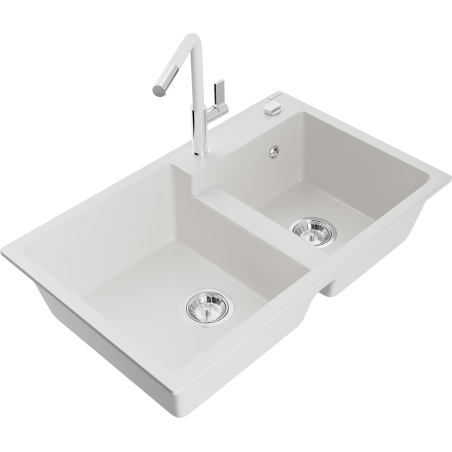 Mexen Tomas 2-compartment granite sink with a kitchen mixer tap Flora, White - 6516-20-670401-02