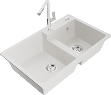 Mexen Tomas 2-compartment granite sink with a kitchen mixer tap Flora, White - 6516-20-670401-02