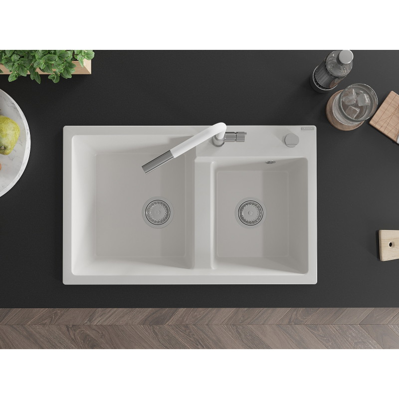 Mexen Tomas 2-bowl granite kitchen sink with Flora kitchen faucet, white - 6516-20-670401-02