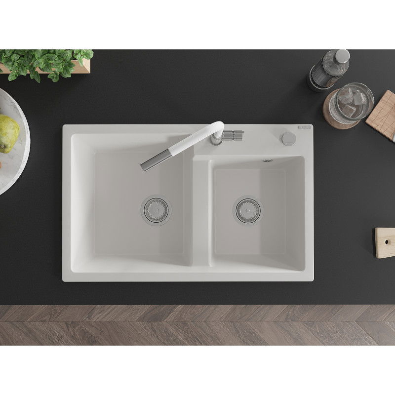 Mexen Tomas granite sink with 2 bowls and Flora kitchen tap, white - 6516-20-670401-02