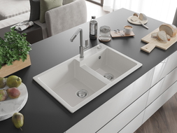 Mexen Tomas 2-bowl granite sink with Flora kitchen faucet, white - 6516-20-670401-06