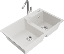 Mexen Tomas 2-bowl granite sink with Flora kitchen faucet, white - 6516-20-670401-06