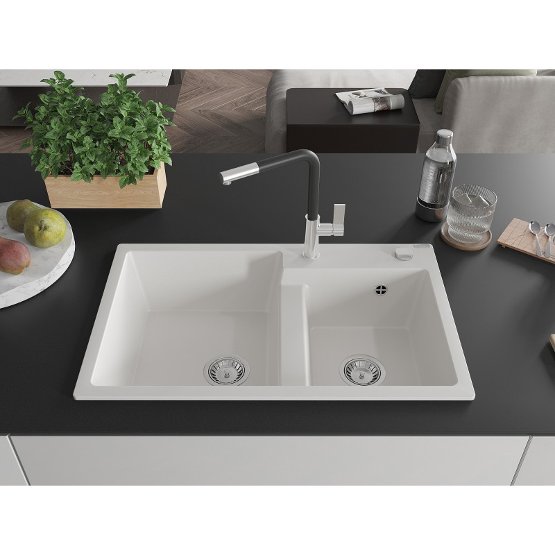 Mexen Tomas granite sink 2-bowl with Flora kitchen faucet, white - 6516-20-670401-07