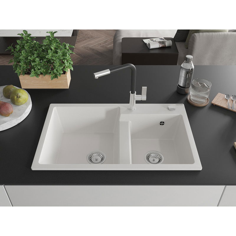 Mexen Tomas granite sink 2-bowl with Flora kitchen tap, white - 6516-20-670401-07