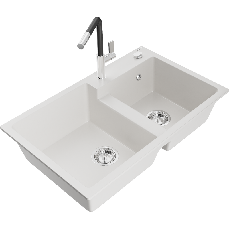 Mexen Tomas 2-compartment granite sink with a kitchen mixer tap Flora, White - 6516-20-670401-07
