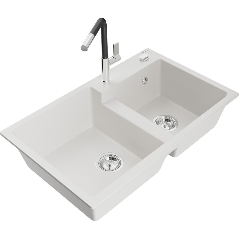 Mexen Tomas granite sink 2-chamber with kitchen faucet Flora, white - 6516-20-670401-07