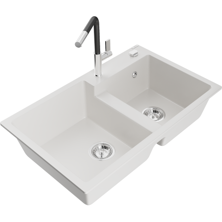 Mexen Tomas granite sink 2-chamber with kitchen faucet Flora, white - 6516-20-670401-07