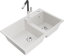 Mexen Tomas granite sink 2-bowl with Flora kitchen faucet, white - 6516-20-670401-07