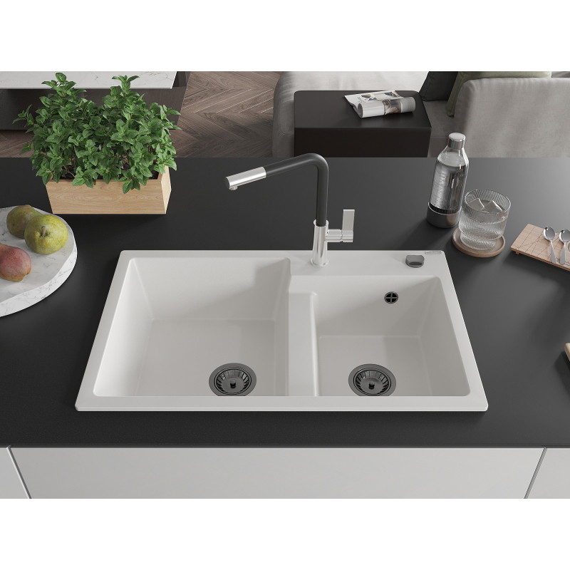 Mexen Tomas 2-bowl granite sink with Flora kitchen faucet, white - 6516-20-670401-07-B