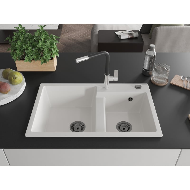 Mexen Tomas granite double-bowl sink with Flora kitchen faucet, white - 6516-20-670401-07-B