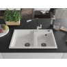 Mexen Tomas granite double-bowl sink with Flora kitchen faucet, white - 6516-20-670401-07-B