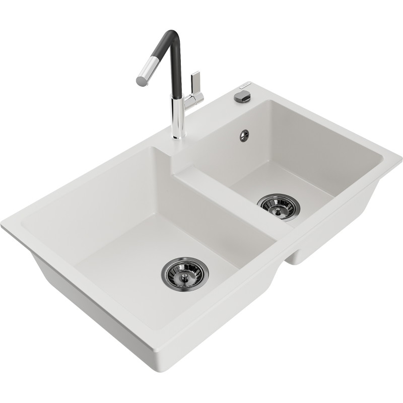 Mexen Tomas granite double-bowl sink with Flora kitchen faucet, white - 6516-20-670401-07-B