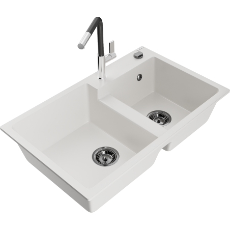 Mexen Tomas 2-bowl granite sink with Flora kitchen faucet, white - 6516-20-670401-07-B