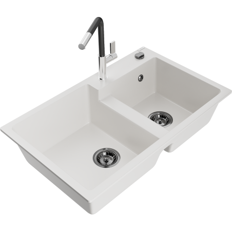 Mexen Tomas granite sink 2-bowl with Flora kitchen tap, white - 6516-20-670401-07-B