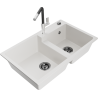 Mexen Tomas granite sink 2-bowl with Flora kitchen tap, white - 6516-20-670401-07-B