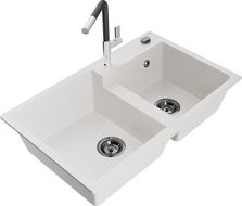 Mexen Tomas granite double-bowl sink with Flora kitchen faucet, white - 6516-20-670401-07-B