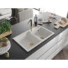 Mexen Tomas granite sink 2-bowl with Flora kitchen tap, white - 6516-20-670401-57-G