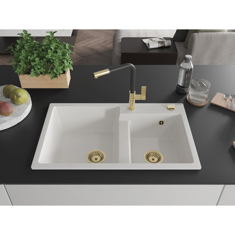 Mexen Tomas 2-bowl granite sink with Flora kitchen faucet, white - 6516-20-670401-57-G