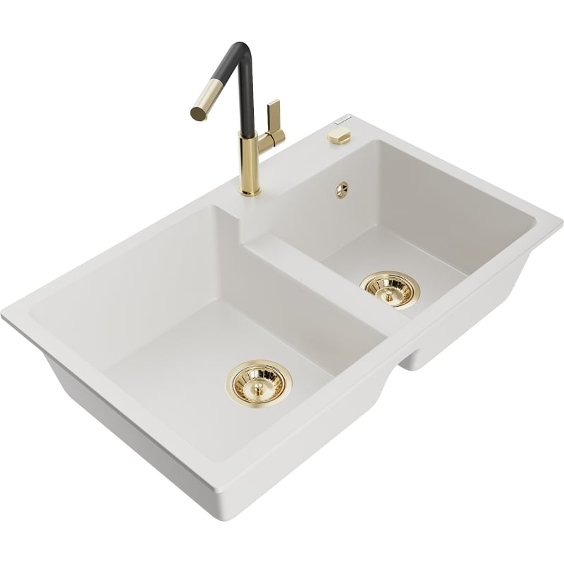 Mexen Tomas 2-bowl granite sink with Flora kitchen faucet, white - 6516-20-670401-57-G