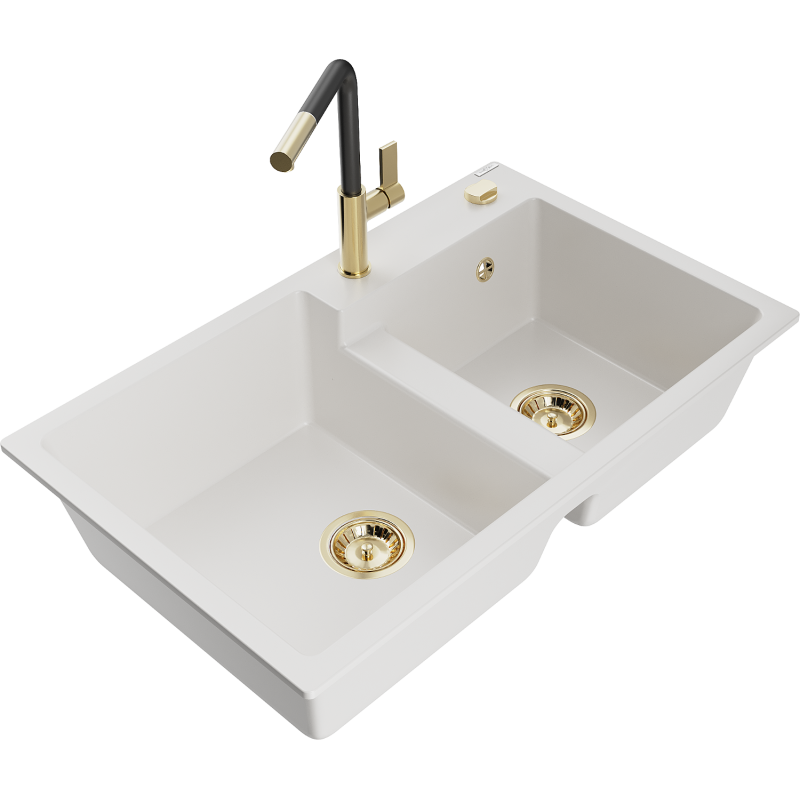 Mexen Tomas 2-compartment granite sink with a kitchen mixer tap Flora, White - 6516-20-670401-57-G